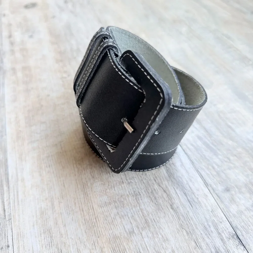 Vintage Wide Black Leather Belt Square Covered Buckle Size 30 Minimalist